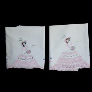 2 Vtg Embroidered Pillowcases  Woman Lady with Pink Skirt - Standard Size